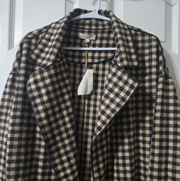 NWT Easel Oversized Flannel Trench Style Shacket, Open Front, Brown Check Plaid. - Picture 3 of 12